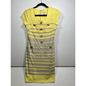 Cache Yellow & Tan Cap Sleeve Dress With Gold Buttons Sheath Y2K Sz 4